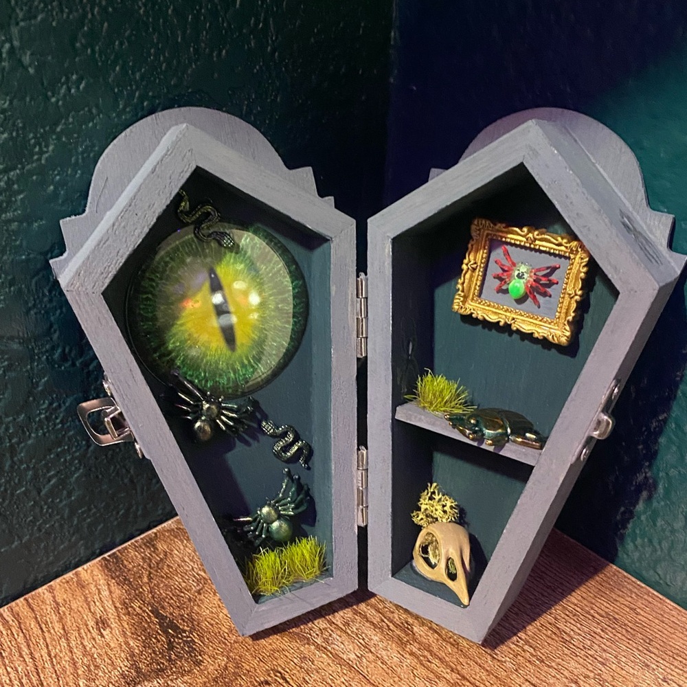 Gray Coffin Wall Shelf with Green Eye Design